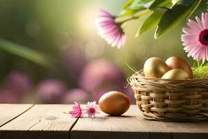 easter eggs in a basket on a wooden table. AI-Generated photo