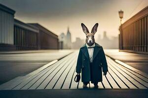a rabbit dressed in a suit and tie stands on a bridge. AI-Generated photo