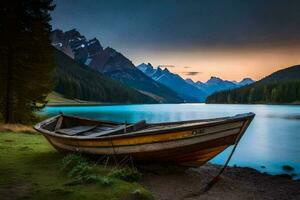 a boat sits on the shore of a lake at sunset. AI-Generated photo