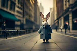 un Conejo vistiendo un Saco y Corbata en pie en el medio de un ciudad calle. generado por ai foto
