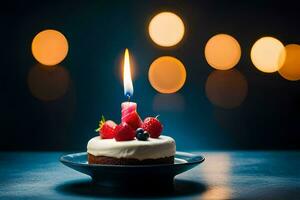 a birthday cake with a single candle on top. AI-Generated photo