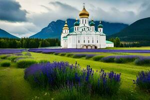 lavender fields and a church in the middle of a field. AI-Generated photo