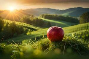 un rojo manzana en el medio de un campo. generado por ai foto