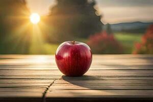 an apple sits on a wooden table in front of the sun. AI-Generated photo