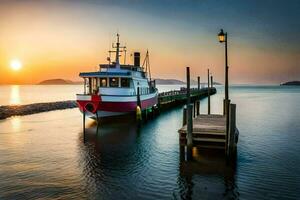 a boat docked at the end of a dock at sunset. AI-Generated photo