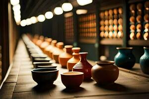 a row of vases lined up on a wooden table. AI-Generated photo