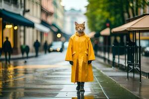 a fox wearing a yellow raincoat on a rainy street. AI-Generated photo