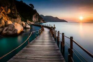 a wooden boardwalk leads to the ocean at sunset. AI-Generated photo