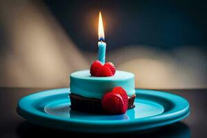 a small blue cake with a single candle on top. AI-Generated photo