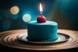 blue birthday cake with a single candle. AI-Generated photo