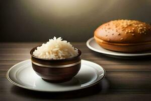 rice in a bowl and a hamburger on a plate. AI-Generated photo