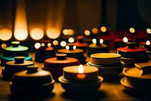 many colorful pots and bowls with candles. AI-Generated photo