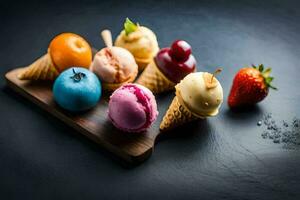 a variety of ice cream cones on a wooden tray. AI-Generated photo