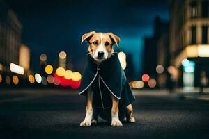 a dog wearing a coat on the street at night. AI-Generated photo