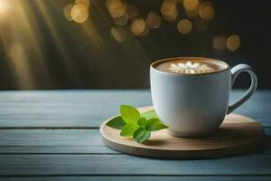 coffee with mint leaves on a wooden table. AI-Generated photo