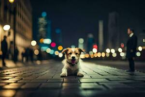 a dog sitting on the street at night. AI-Generated photo