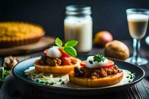 dos relleno squash en un plato con un vaso de leche. generado por ai foto