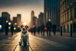 a dog sitting on the sidewalk in front of a city. AI-Generated photo