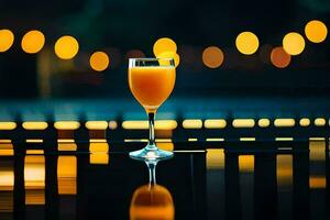 a glass of orange juice sitting on a table in front of a city skyline. AI-Generated photo