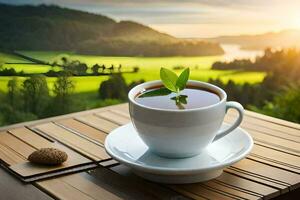 a cup of tea on a wooden table with a view of a green landscape. AI-Generated photo