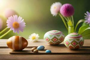 easter eggs on a wooden table with flowers. AI-Generated photo