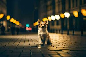 a dog sitting on the street at night. AI-Generated photo