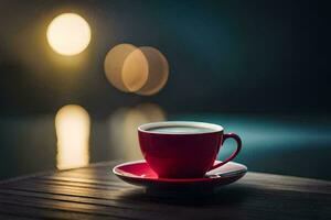 a red cup of coffee on a wooden table with bokeh in the background. AI-Generated photo