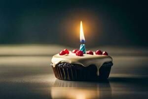 a cupcake with a single candle on top. AI-Generated photo