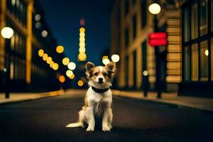 a dog sitting on the street at night. AI-Generated photo