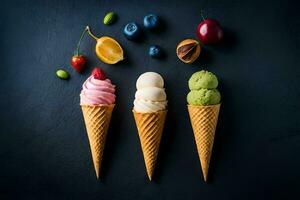 three ice cream cones with different flavors. AI-Generated photo