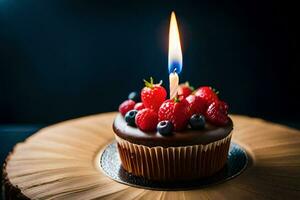 a cupcake with berries and a lit candle. AI-Generated photo