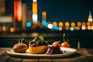 a plate of food with a cityscape in the background. AI-Generated photo