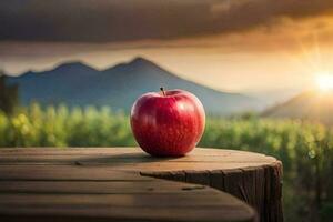 un manzana se sienta en parte superior de un de madera mesa en frente de un montaña. generado por ai foto