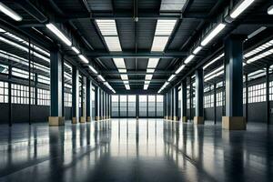 an empty warehouse with lots of windows and a lot of light. AI-Generated photo