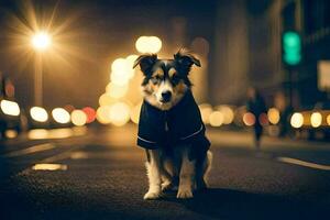 a dog in a jacket standing on the street at night. AI-Generated photo