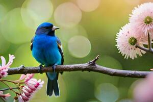 un azul pájaro se sienta en un rama con rosado flores generado por ai foto