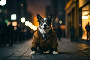 un perro vistiendo un chaqueta y Corbata en el calle. generado por ai foto