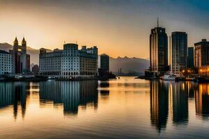 el ciudad horizonte es reflejado en el agua a puesta de sol. generado por ai foto