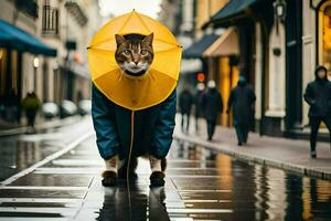 a cat wearing an umbrella on a rainy day. AI-Generated photo