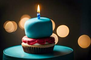 a blue cupcake with a candle on top. AI-Generated photo