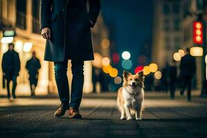 un hombre y su perro caminando abajo un ciudad calle a noche. generado por ai foto