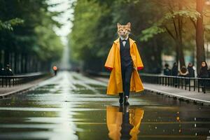 a cat wearing a yellow raincoat and tie walking down a street. AI-Generated photo