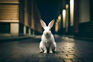 blanco Conejo sentado en ladrillo piso en oscuro callejón. generado por ai foto