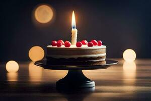 a birthday cake with a single candle on top. AI-Generated photo