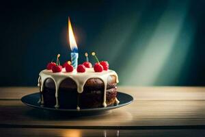 a birthday cake with a lit candle. AI-Generated photo