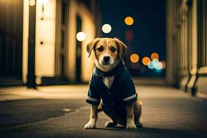 a dog wearing a suit and tie on the street. AI-Generated photo