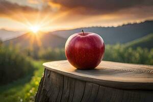 an apple sits on top of a stump in front of a sunset. AI-Generated photo