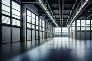 an empty warehouse with large windows and doors. AI-Generated photo