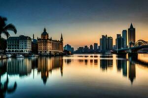 el ciudad horizonte es reflejado en el agua a puesta de sol. generado por ai foto