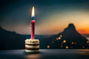 a single candle is lit on a cake with a mountain in the background. AI-Generated photo